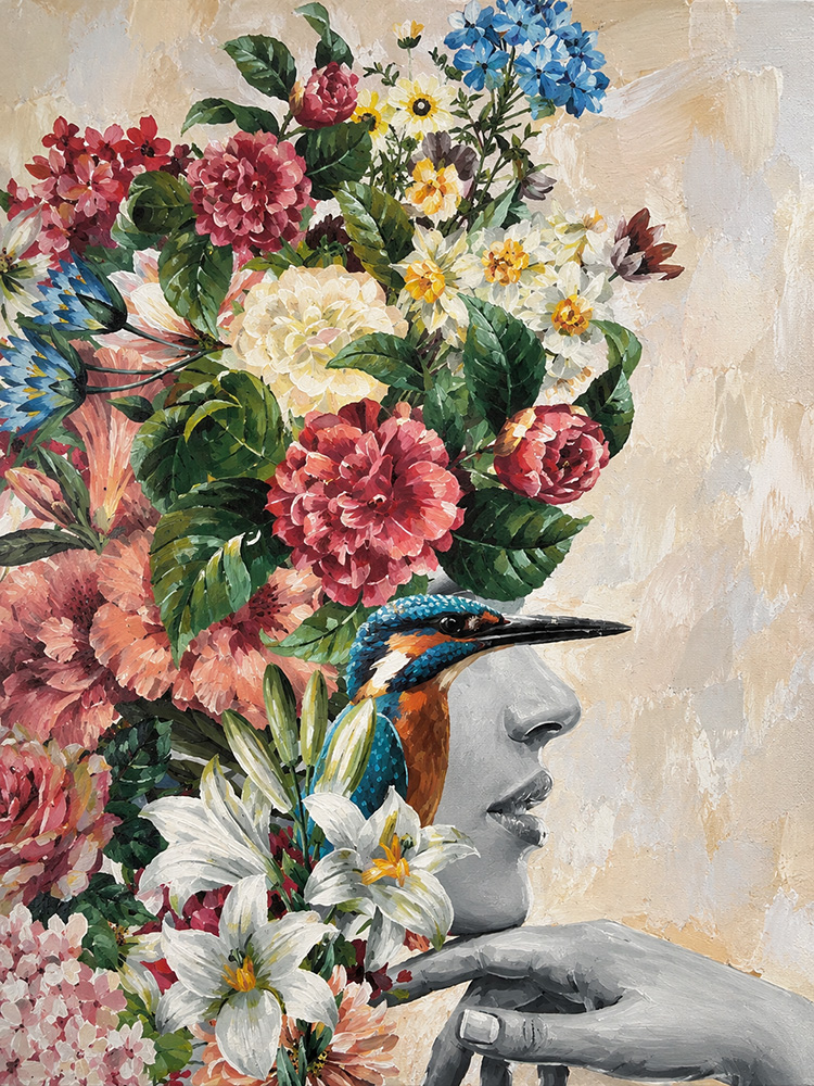 Woman, flowers and bird