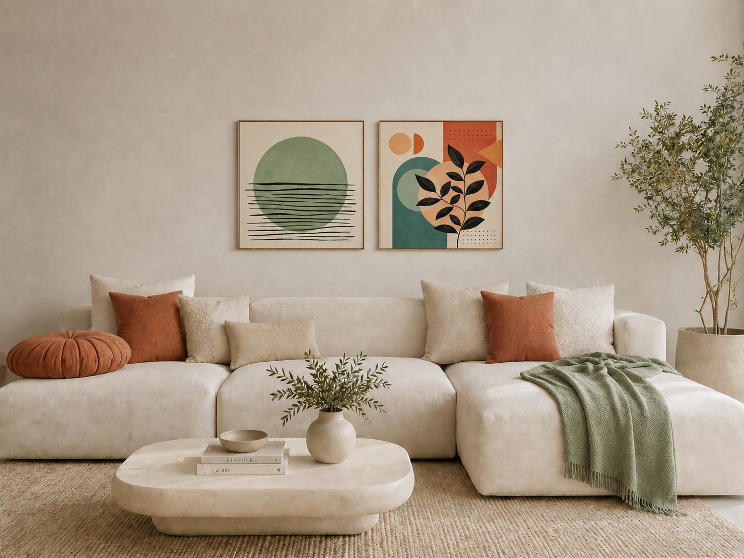 Composição contemporânea em tons quentes e verde
